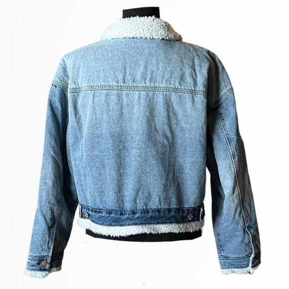 Wild Fable Crop Blue Denim Button Up Jean Jacket With Sherpa Lining New With Tag - Picture 2 of 8
